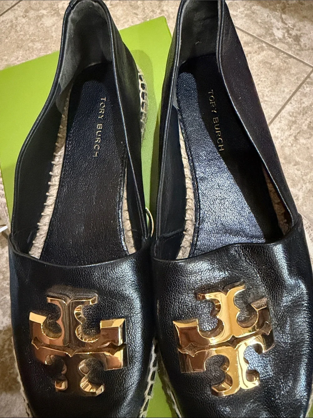 Tory Burch Black Leather Espadrille Flats with Gold Logo Medallions